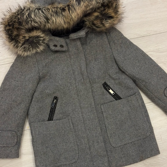 Zara Gray Kids Pea Coat with Faux Fur Hood - Picture 2 of 5